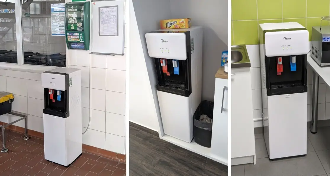 midea jl1660, dystrybutor wody filtrowanej, zimna i gorąca, lampa uv, blokada wycieku