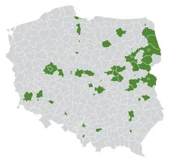 mapa obszaru działania Dello na terenie Polski, powiaty